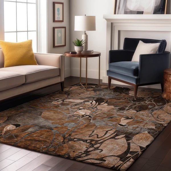 HomeRoots 8' X 10' Rust and Gray Floral Area Rug - Washable, UV Protected, Durable for High-Traffic Spaces 648992