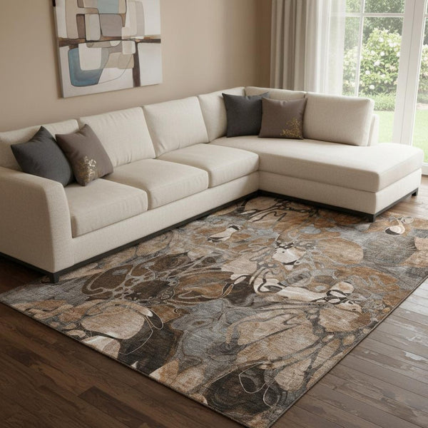 HomeRoots 8' X 10' Rust and Gray Floral Area Rug - Washable, UV Protected, Durable for High-Traffic Spaces 648992