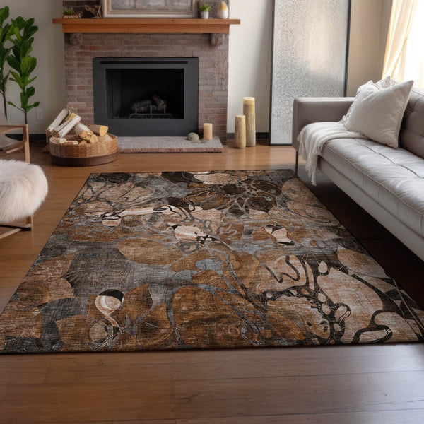 HomeRoots 8' X 10' Rust and Gray Floral Area Rug - Washable, UV Protected, Durable for High-Traffic Spaces 648992