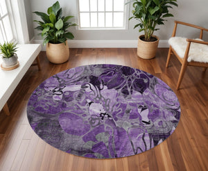 HomeRoots 8' Elegant Purple and Ivory Floral Round Rug - Washable, Stain-Resistant, UV Protected for Homes 648997
