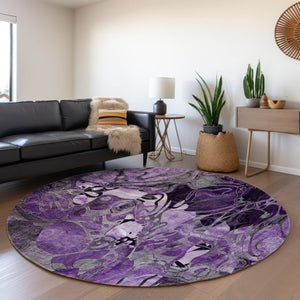 HomeRoots 8' Elegant Purple and Ivory Floral Round Rug - Washable, Stain-Resistant, UV Protected for Homes 648997