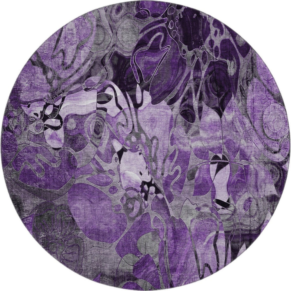 HomeRoots 8' Elegant Purple and Ivory Floral Round Rug - Washable, Stain-Resistant, UV Protected for Homes 648997
