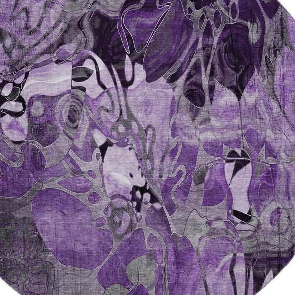 HomeRoots 8' Elegant Purple and Ivory Floral Round Rug - Washable, Stain-Resistant, UV Protected for Homes 648997