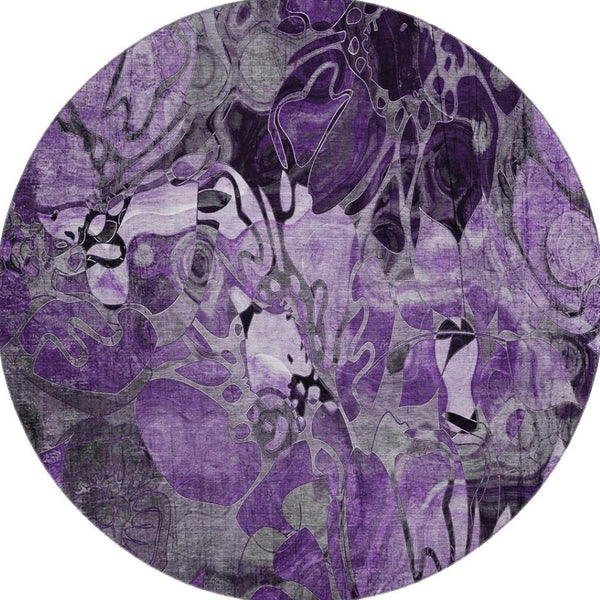 HomeRoots 8' Elegant Purple and Ivory Floral Round Rug - Washable, Stain-Resistant, UV Protected for Homes 648997