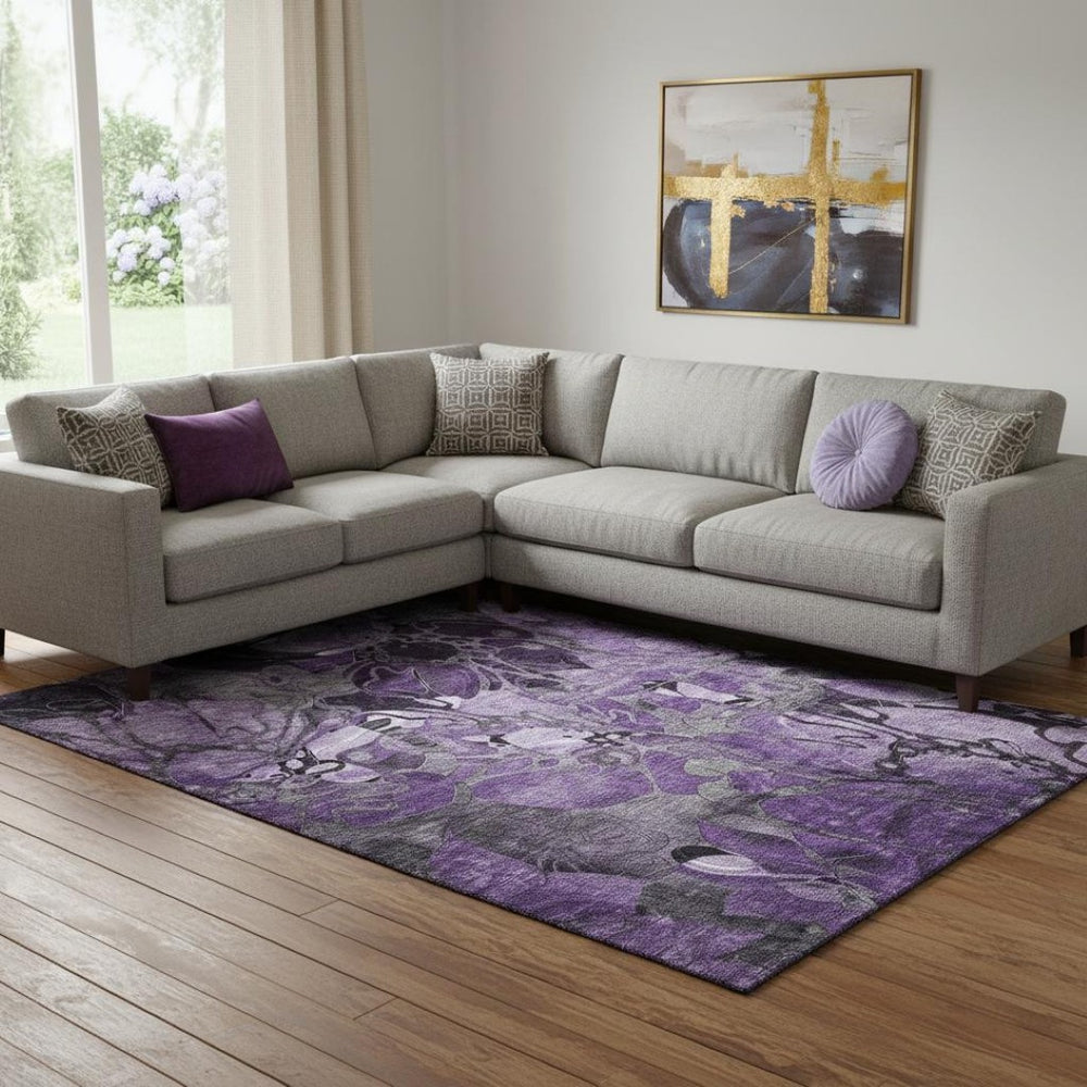 HomeRoots 8' X 10' Elegant Purple and Ivory Floral Washable Area Rug with Stain Resistance and UV Protection 648998