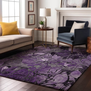 HomeRoots 9' X 12' Floral Washable Area Rug in Purple & Ivory - UV Protected, Stain Resistant, Durable Design 648999