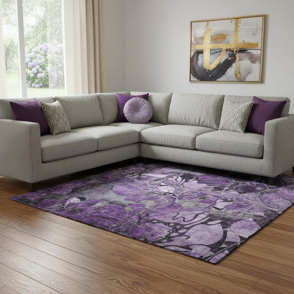 HomeRoots 9' X 12' Floral Washable Area Rug in Purple & Ivory - UV Protected, Stain Resistant, Durable Design 648999