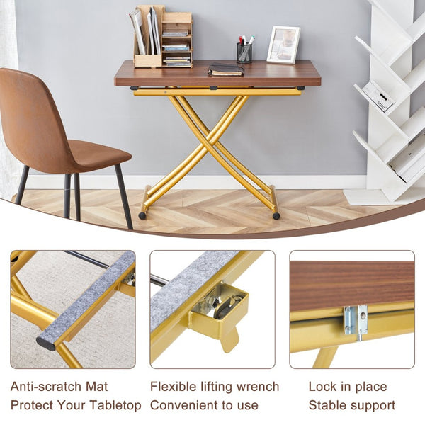 English Elm Modern Adjustable Lift Table Walnut Grain Mdf Top Slim Metal Legs Home Office Use Dark Walnut,Gold W1151P302106