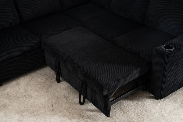 English Elm Sectional Corduroy Sleeper Sofa with Storage and Charging Ports for Small Spaces Black W1361S00078