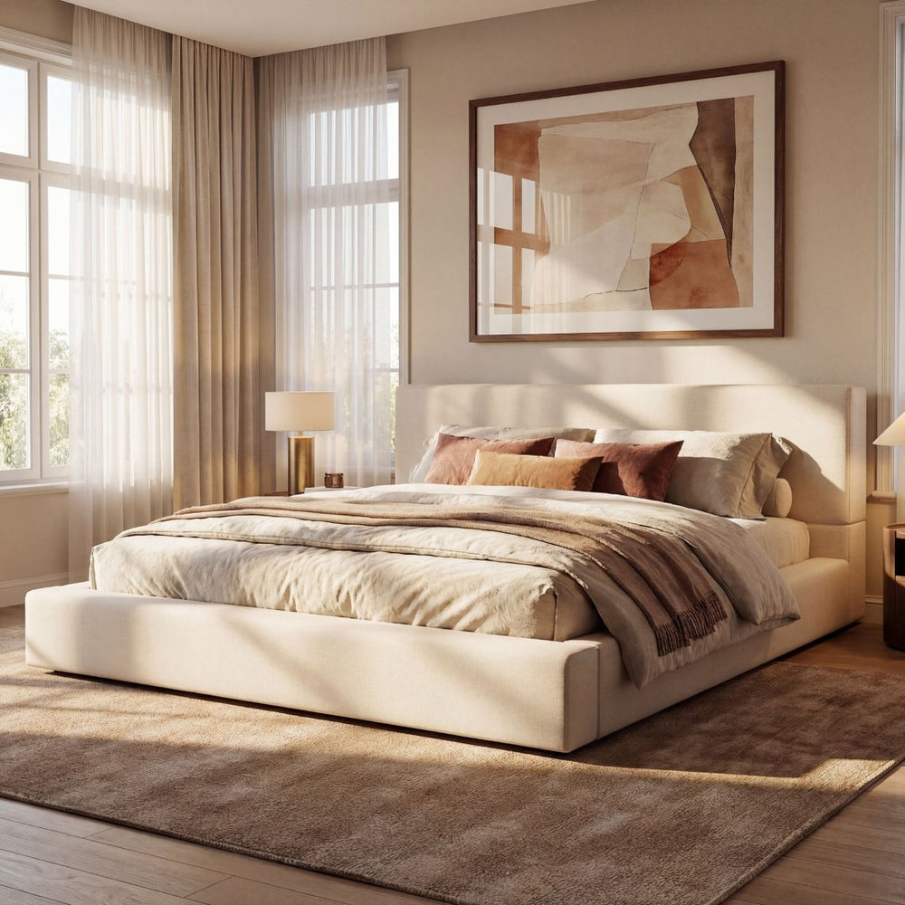 English Elm California King Linen Upholstered Bed Thick Padded Panels Solid Rubberwood Legs 800lb N757C404836I