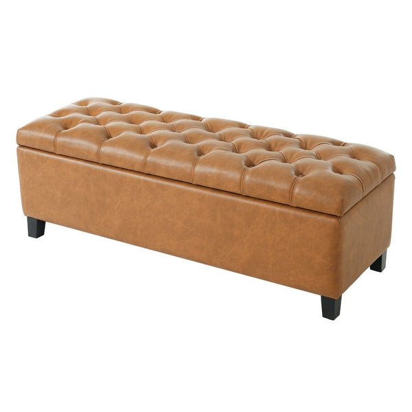 English Elm Ottoman Storage Bench Boucle Tufted Upholstered with Rubberwood Legs Bedroom Entryway N779P369512B