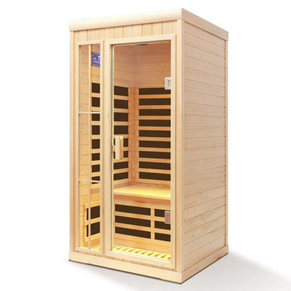 English Elm Deluxe Hemlock Far Infrared Sauna with Led Lighting Bluetooth Audio and Glass Door W632S00009