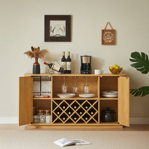 English Elm 58" Wavy Curved Sideboard with Wine Rack Glassware Holder and Adjustable Shelves Natural W1162P386374