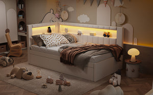 English Elm Upholstered Twin Platform Bed with Trundle, Linen Backrest, Built-In USB Ports & LED Accent Lighting White DL001919AAK