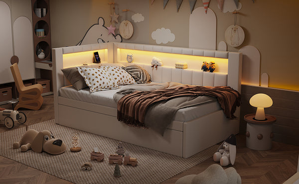 English Elm Upholstered Twin Platform Bed with Trundle, Linen Backrest, Built-In USB Ports & LED Accent Lighting White DL001919AAK