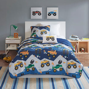 JLA Home Mi Zone Kids - Monster Reversible Quilt Set with Monster Truck Applique Pillow, Hypoallergenic, Machine Washable Freshness 86 L x 66 W x 0.25H MZK13-166