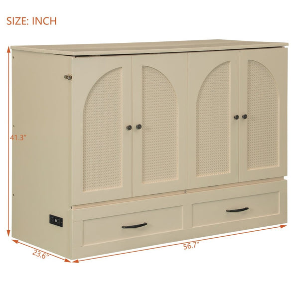 English Elm Full Size Murphy Bed Rattan Cabinet with Storage Drawers and Gold Hardware Gold N708S00009G