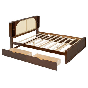 English Elm Queen Size Rattan Headboard Bed With Trundle, Drawers & Elegant Walnut Finish For Versatile Style N820S00013D-GIGA