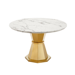 English Elm 47" Round Marble Dining Table - Luxurious High Gloss Faux Marble Top & Stainless Steel Base For Modern Spaces W3456S00005