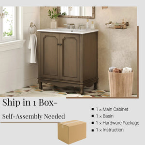 English Elm Christopher Knight Home® - 30" Vintage Bathroom Vanity with Rectangle Ceramic Sink, Rubber Wood Legs, Soft-Close Doors, Adjustable Shelves Antique brown N817P245316L
