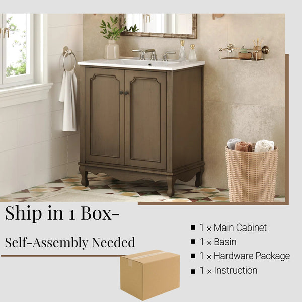 English Elm Christopher Knight Home® - 30" Vintage Bathroom Vanity with Rectangle Ceramic Sink, Rubber Wood Legs, Soft-Close Doors, Adjustable Shelves Antique brown N817P245316L