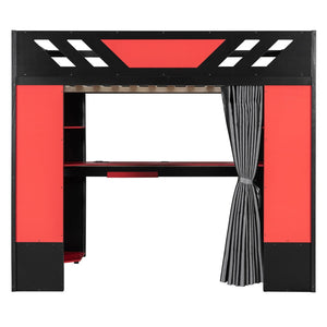 English Elm Full Size Loft Bed with Desk Blackout Curtains Rgb Lighting and Integrated Storage Black+Red LT000377AAJ