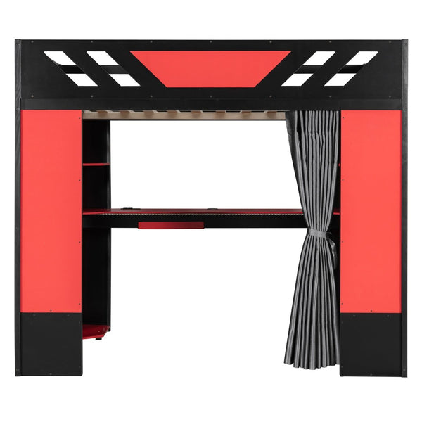 English Elm Full Size Loft Bed with Desk Blackout Curtains Rgb Lighting and Integrated Storage Black+Red LT000377AAJ
