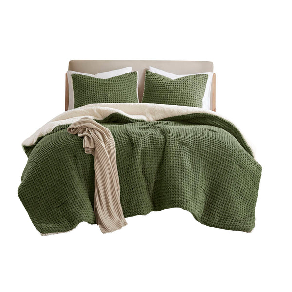 English Elm 2 Pieces Twin Waffle Knit Chenille Comforter Set with Plush Sherpa Reversible Cozy Bedding Ensemble Olive 20.47 L x 11.42 W x 9.84 H B035P381296