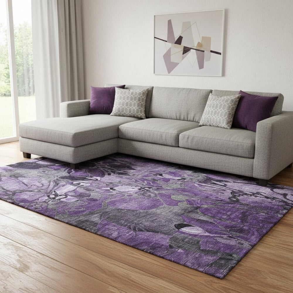 HomeRoots 10' X 14' Floral Area Rug in Purple & Ivory - Washable, Stain-Resistant, UV Protected for Homes 649000