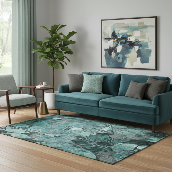 HomeRoots 5' X 8' Teal and Gray Floral Area Rug - Washable, Stain Resistant, UV Protected for Modern Homes 649002