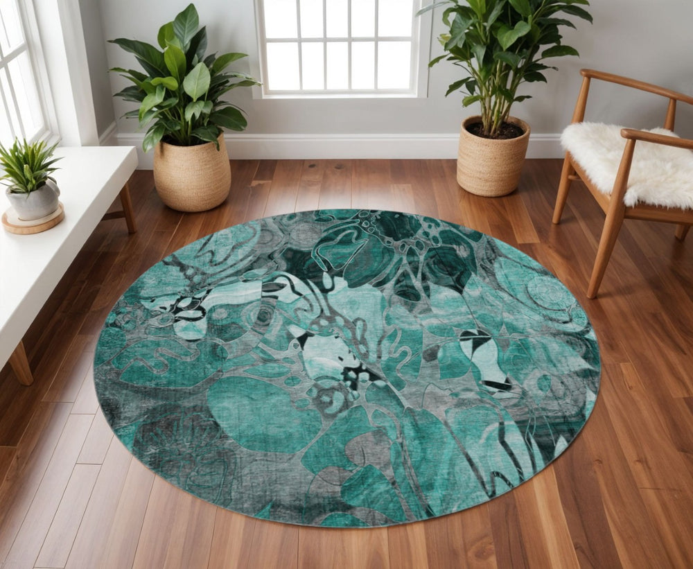HomeRoots 8' Teal and Gray Floral Washable Round Rug - Durable, UV-Protected Design Perfect for Busy Homes! 649003