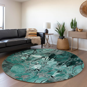 HomeRoots 8' Teal and Gray Floral Washable Round Rug - Durable, UV-Protected Design Perfect for Busy Homes! 649003