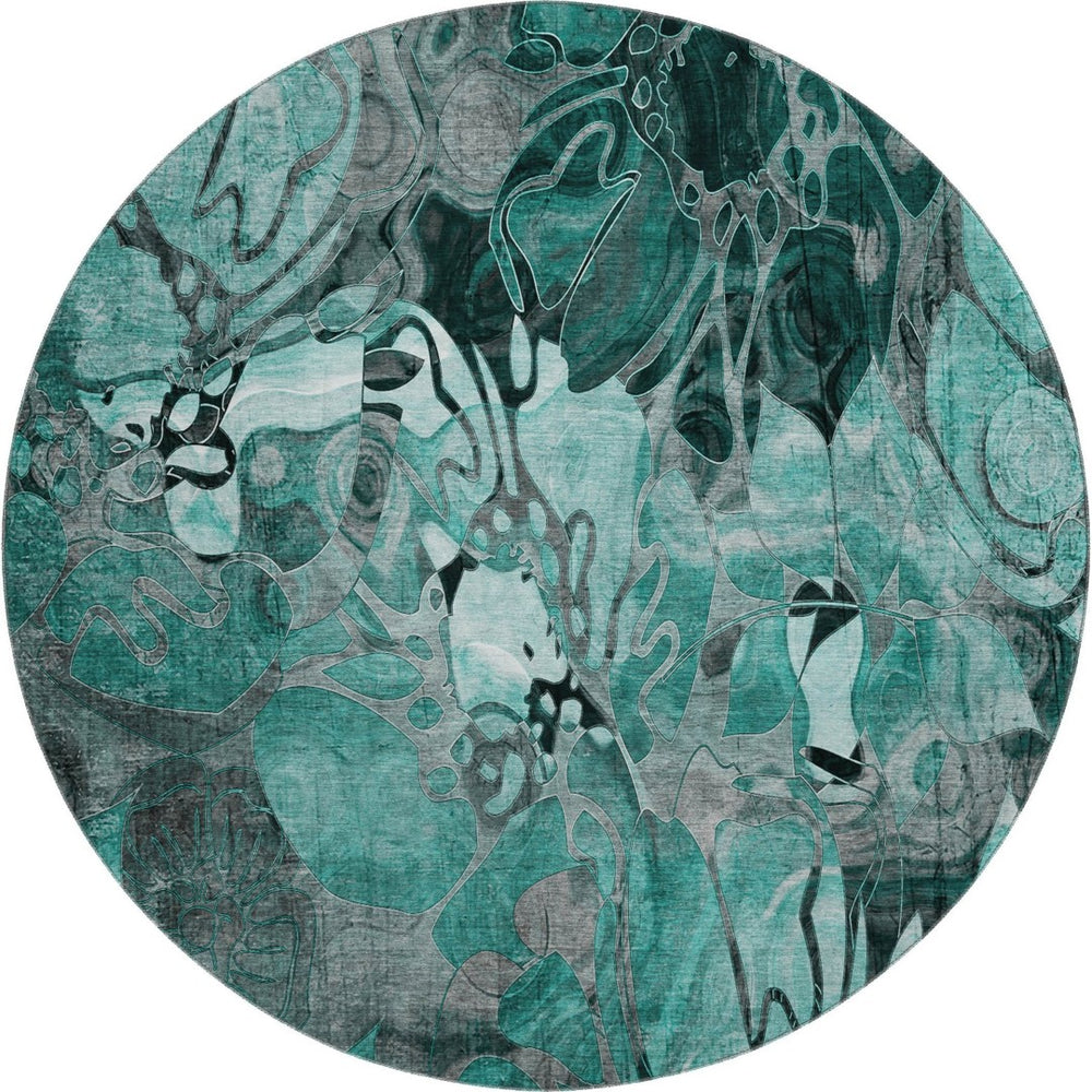 HomeRoots 8' Teal and Gray Floral Washable Round Rug - Durable, UV-Protected Design Perfect for Busy Homes! 649003