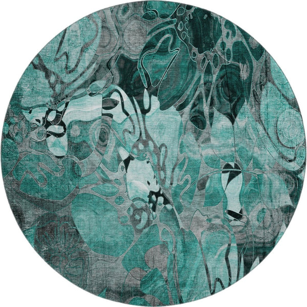 HomeRoots 8' Teal and Gray Floral Washable Round Rug - Durable, UV-Protected Design Perfect for Busy Homes! 649003