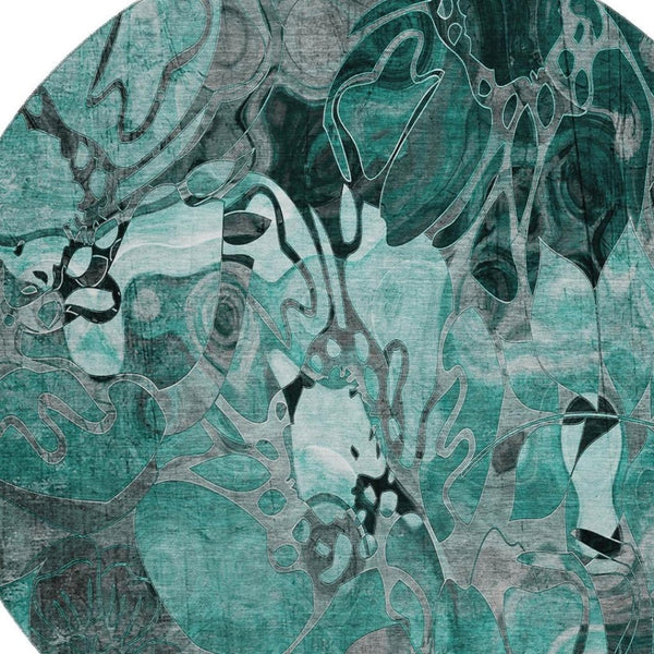 HomeRoots 8' Teal and Gray Floral Washable Round Rug - Durable, UV-Protected Design Perfect for Busy Homes! 649003