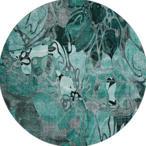 HomeRoots 8' Teal and Gray Floral Washable Round Rug - Durable, UV-Protected Design Perfect for Busy Homes! 649003