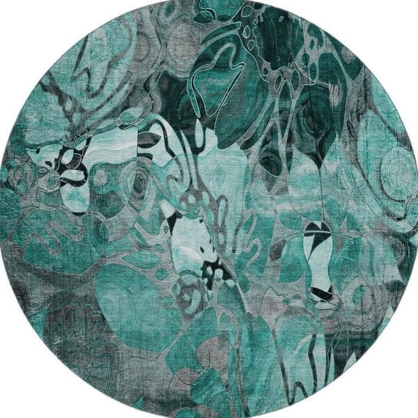 HomeRoots 8' Teal and Gray Floral Washable Round Rug - Durable, UV-Protected Design Perfect for Busy Homes! 649003