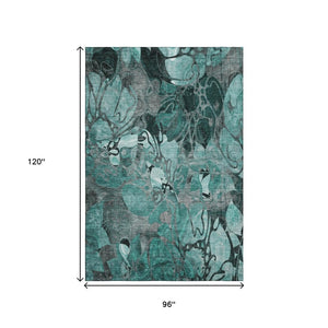 HomeRoots 8' X 10' Teal and Gray Floral Area Rug - Washable, Stain-Resistant, UV Protected for Every Space 649004
