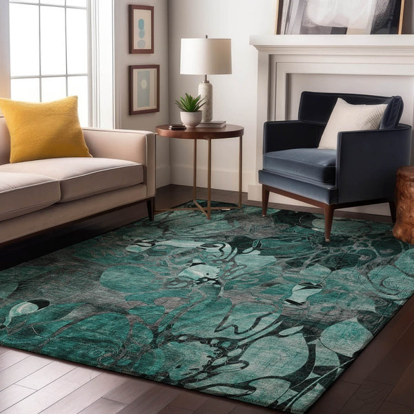 HomeRoots 8' X 10' Teal and Gray Floral Area Rug - Washable, Stain-Resistant, UV Protected for Every Space 649004