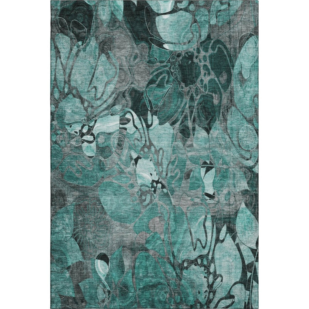 HomeRoots 8' X 10' Teal and Gray Floral Area Rug - Washable, Stain-Resistant, UV Protected for Every Space 649004
