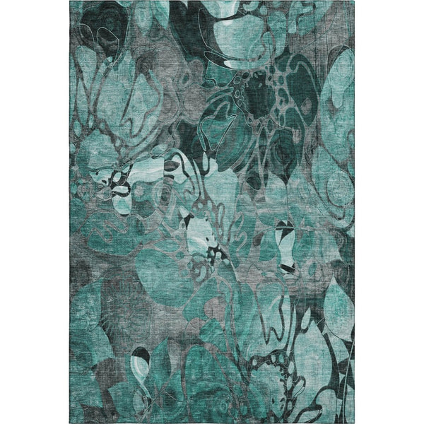 HomeRoots 8' X 10' Teal and Gray Floral Area Rug - Washable, Stain-Resistant, UV Protected for Every Space 649004