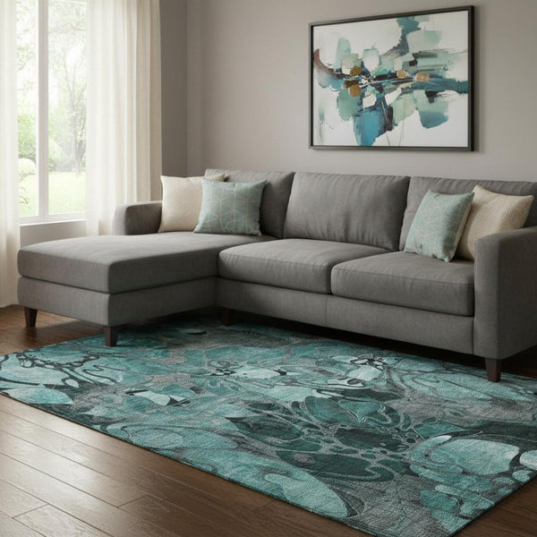 HomeRoots 8' X 10' Teal and Gray Floral Area Rug - Washable, Stain-Resistant, UV Protected for Every Space 649004
