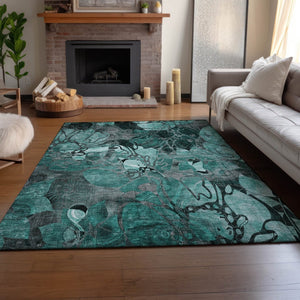 HomeRoots 8' X 10' Teal and Gray Floral Area Rug - Washable, Stain-Resistant, UV Protected for Every Space 649004