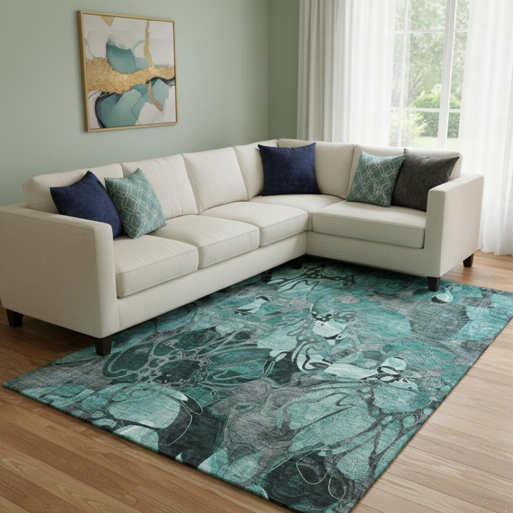 HomeRoots 9' X 12' Teal and Gray Floral Washable Area Rug – Stylish, Durable, UV Protected for Busy Homes! 649005