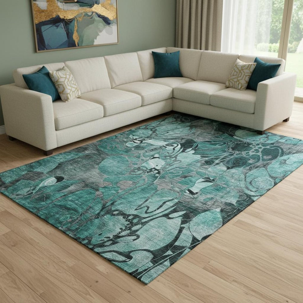 HomeRoots 10' X 14' Teal and Gray Floral Area Rug - Washable, UV Protected, Perfect for High-Traffic Spaces 649006