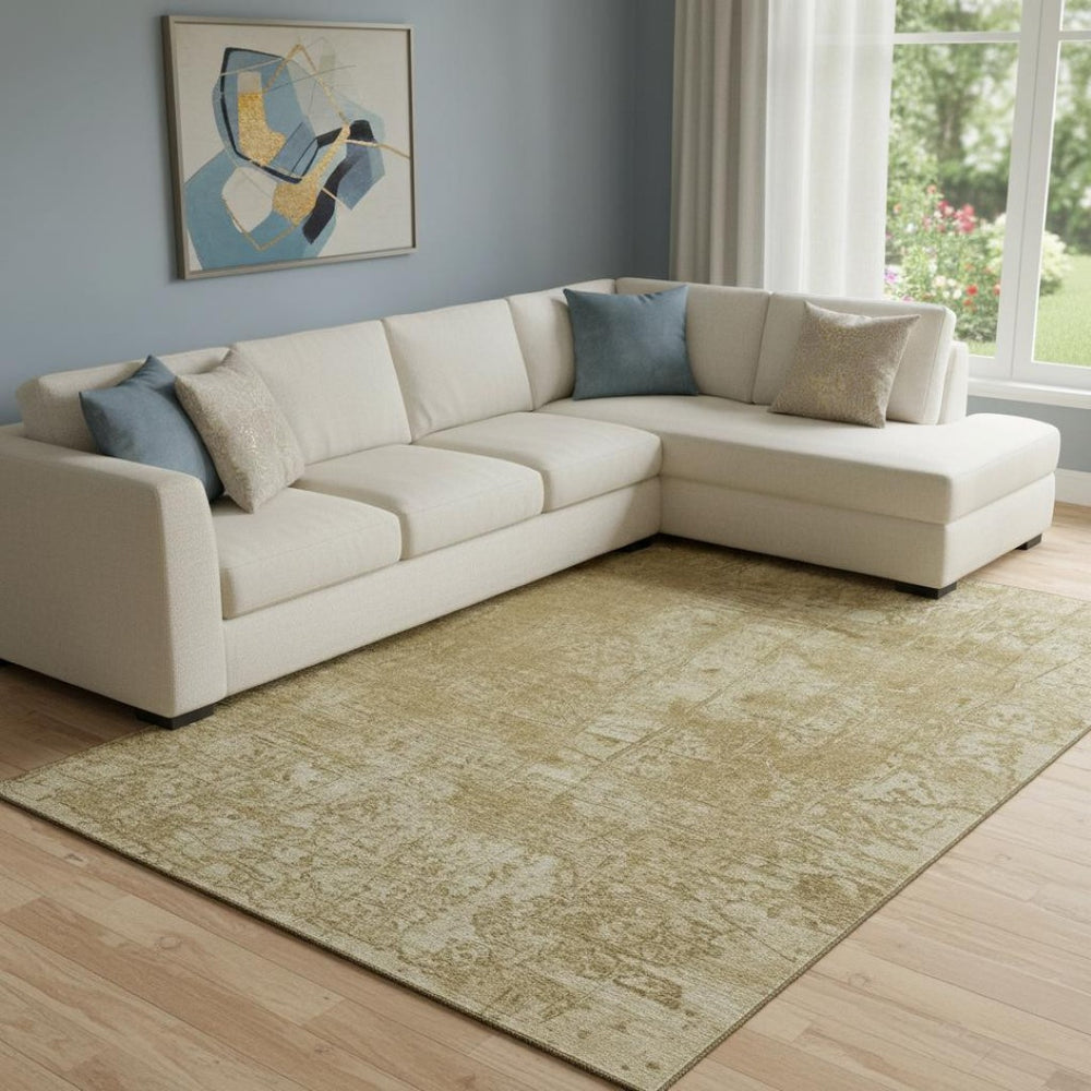 HomeRoots 9' X 12' Beige and Ivory Abstract Area Rug - Washable, UV Protected, Durable for High-Traffic Spaces 649011