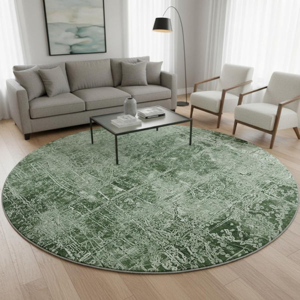 HomeRoots 8' Emerald And Ivory Abstract Round Rug - Washable, UV-Protected, Stain-Resistant for Active Homes 649021