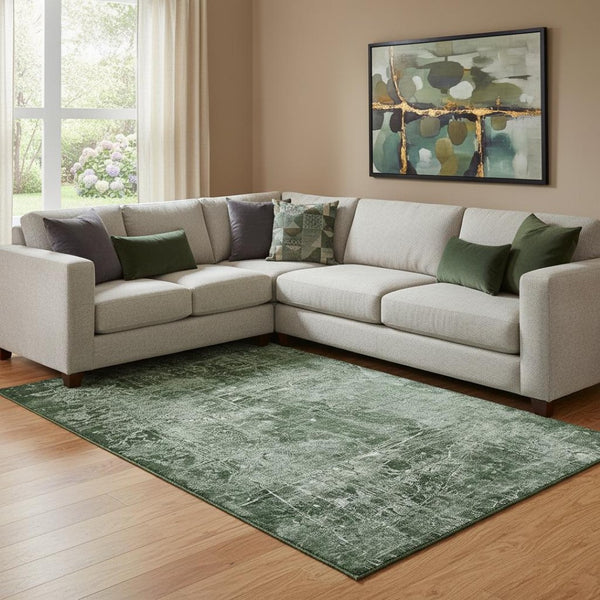 HomeRoots 9' X 12' Emerald & Ivory Abstract Washable Area Rug - Durable, Stylish, UV-Protected for High Traffic Spaces 649023