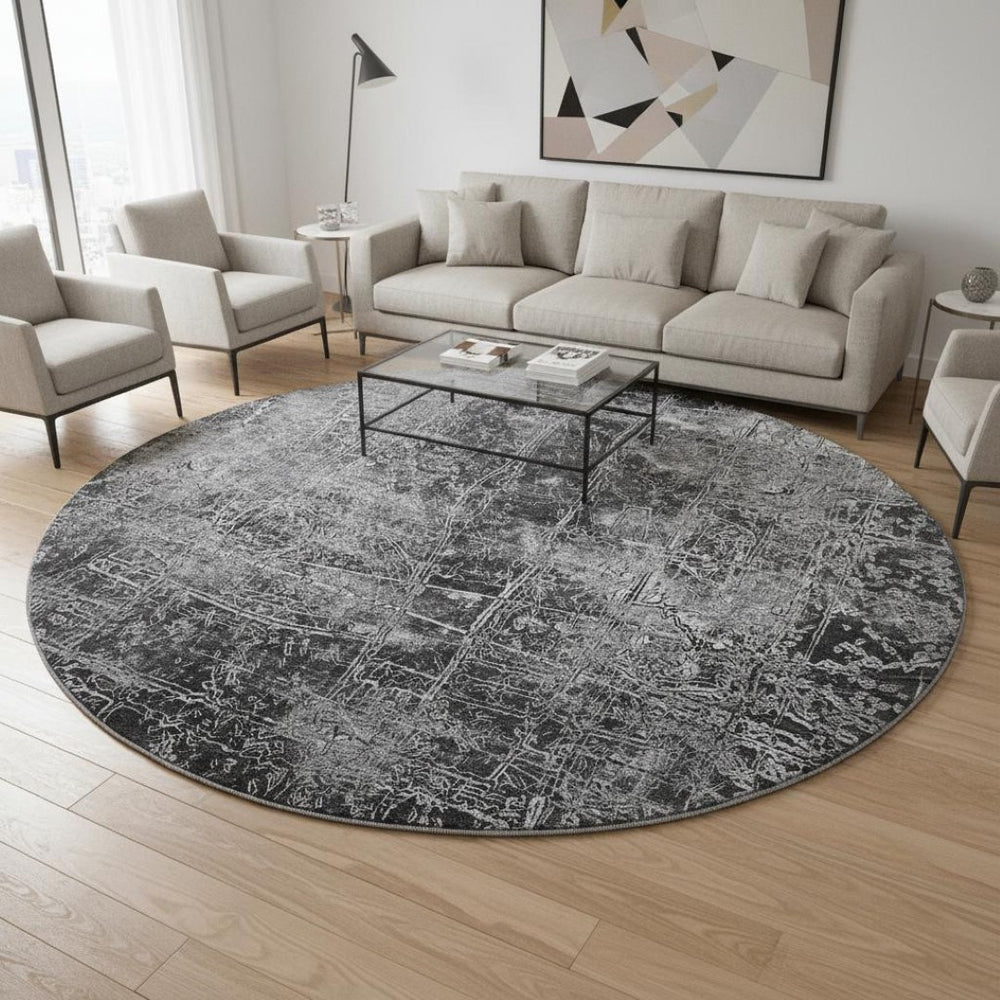 HomeRoots 8' Gray And Ivory Abstract Round Rug – Washable, UV-Protected, Durable, Modern Design for Any Space 649027