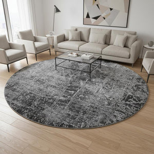 HomeRoots 8' Gray And Ivory Abstract Round Rug – Washable, UV-Protected, Durable, Modern Design for Any Space 649027